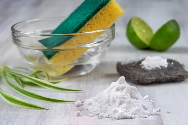 Baking Soda Vinegar Cut Lemons Materiel Non Toic Cleaning Freindly — Stock Photo, Image