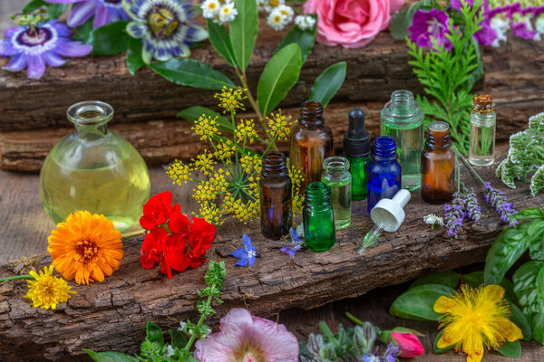 Alternative medicine and remedy, herbal natural cosmetics, aromatherapy and essential oil concept.