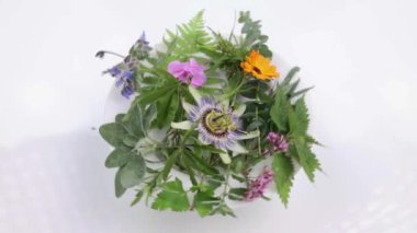İlaç ve çiçek seçimi, nane, nane, passiflora, adaçayı, kekik, lavanta limon merhemi aromaterapisi gerekli yağ