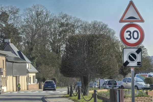Arabalar, açık tabelaların hız limitinin 30 olduğu ve park yasağı olduğu bir caddeden geçiyor. Gündüz vakti, sakin bir mahalle atmosferi sergiliyoruz..