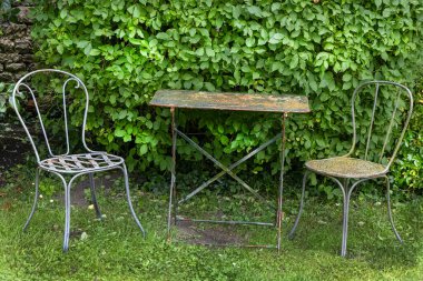 İki farklı sandalye, bir metal ve bir dokuma, yaş belirtileri gösteren bir kırsal tablo çerçevesi. Sahne, yemyeşil yapraklarla dolu canlı yeşil bir bahçe. Huzurlu bir atmosfer yaratıyor..