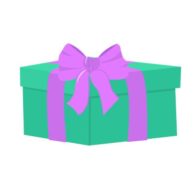 Gift box with a bow on a white background. Green box with purple decoration, parcel. Surprise for a holiday, New Year, Birthday, Christmas. Vector stock image, isolated.