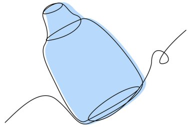 Blue bottle with medicament, pill container, pharmaceuticals, hospital instruments. On white background in one line style, doodle. Medical themed image, vector stock illustration.