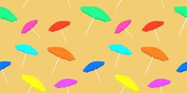 Seamless pattern with colored beach umbrellas on a sandy background. Sun protection on summer vacation, trips to the sea, heat, resort. Print, design for wallpaper, vector image.
