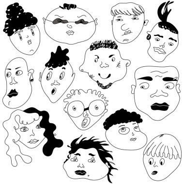 Black and white set with male and female faces, characters with hairdo, illustration of characters and emotions. Vector drawing on a white background, doodle style, hand drawn. Wallpaper, print.