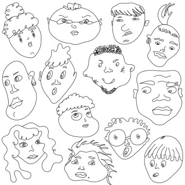 Set of male and female faces in black line on a white background. Illustration of human emotions and characters. Funny characters for books, cartoons, gift bags, stickers, print on clothes.