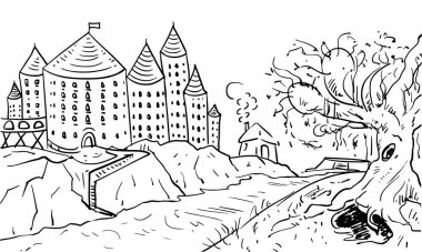 School of witchcraft and wizardry, castle with many towers, weeping willow and burrow, a small forester's hut, lake. Old fortress, landscape, Hogwarts. Simple black and white illustration.