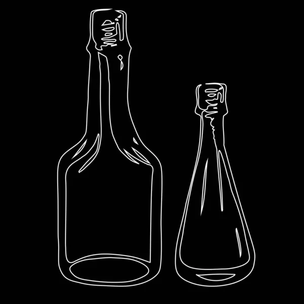 黑色背景的线性瓶 玻璃瓶 装酒精饮料 伏特加 白兰地的容器 简单而不均匀的手绘草图 餐厅的矢量库存图解 酒吧菜单 — 图库矢量图片