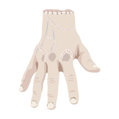 Karakter şeysi, dikişli kopmuş kol, zombi. Korku filmi, Cadılar Bayramı. Beyaz arkaplanda vektör çizimi. İllüstrasyon Editörü.