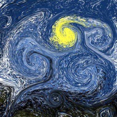 Stylized illustration of a night sky with a moon, colorful spirals in blue, black and yellow. Background in the style of the painting by Van Gogh Starry Night Design for posters of exhibitions, art. clipart