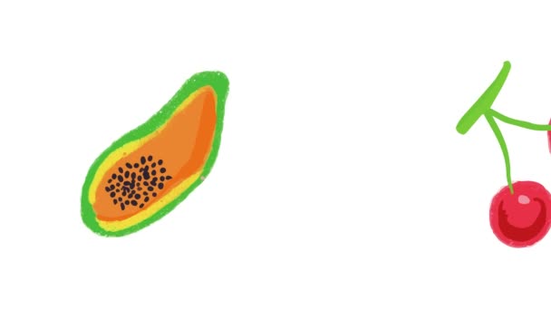 Beyaz Arka Planda Izole Edilmiş Renkli Sanat Tarzıyla Çizilmiş Meyveli — Stok video