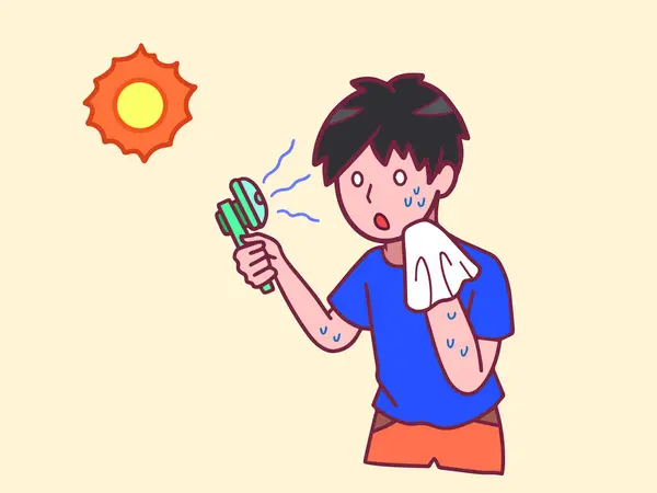 stock vector Teen boy with blue shirt feeling hot and sweating outside with burning sun holding fabric and portable fan