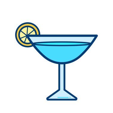 Kare beyaz arka planda izole edilmiş sarı limon dilimi vektör ikonuna sahip renkli mavi kokteyl camı. Basit düz minimalist karikatür çizimi..