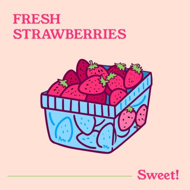 Taze tatlı çilek paketi vektör illüstrasyonunun ana hatlarıyla izole edilmiş kare pembe açık kahverengi arka plan. Basit düz minimalist karikatür çizimi..