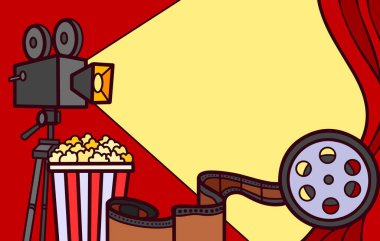 Sinema sineması poster grafik tasarımı metin için boş kopya alanı ile. Vektör illüstrasyonu yatay oranda özetlenmiş ve tam renkli. Pankart için basit düz çizgi film minimalist sanat tarzı.