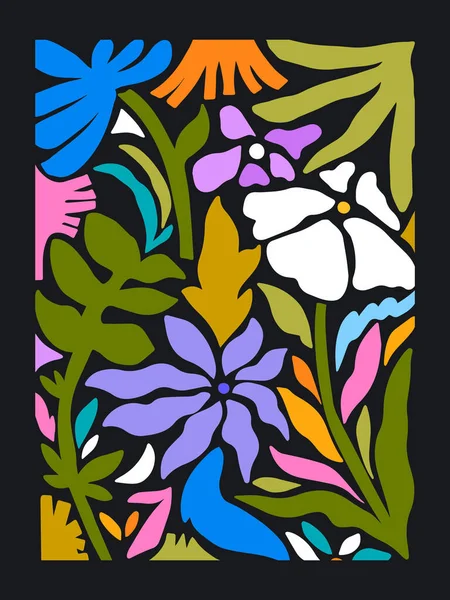 Soyut renkli çiçek ve dikey koyu arkaplanda izole edilmiş botanik bitkiler vektör illüstrasyon poster tasarımı bırakır. Basit düz minimalist. Duvar resimleri için renkli çizimler..