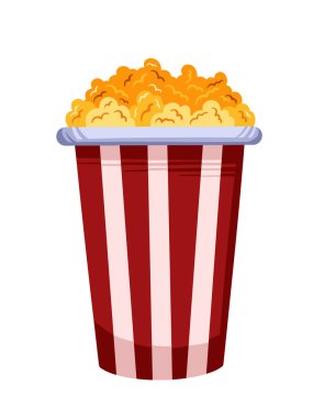 Çizgili kırmızı ve beyaz ambalaj vektör illüstrasyonunun içindeki tuzlu patlamış mısır dikey beyaz arka planda izole edilmiş. Basit düz çizgi film sanatı. Tam renkli çizim..