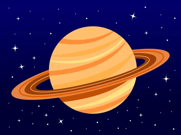 Satürn gezegeni çizimi, yıldızların arka planında karanlık gökyüzünde izole edilmiş. Halkalı Satürn gezegeni. Astronomi temalı basit düz çizgi film sanatı.