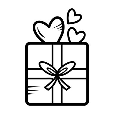 Kupalar hediye kutusundan çıkıyor. Beyaz kare arka planda izole edilmiş siyah çizgili kurdele vektör illüstrasyon ikonu. Basit minimalist sanat tasarımı. Sevgililer günü ve aşk temalı..