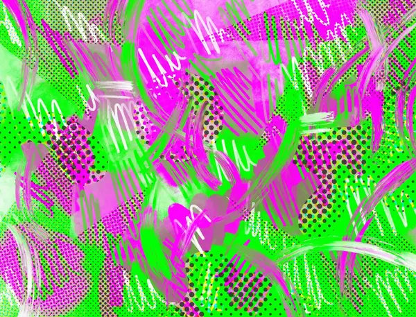 Abstract contrast green and purple illustration background with halftone effect decor isolated on horizontal ratio template. Social media post, website backdrop, poster print or brochure background.