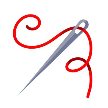 İğne ve kırmızı iplik vektör çizimi kare beyaz arkaplanda izole edildi. Basit düz renkli çizgi film sanatı. Terzi stili teçhizat çizimi..