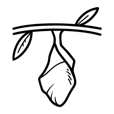 Kelebek ya da tırtıl koza vektör ikonu çizimi kare beyaz arkaplanda izole edilmiş. Basit düz tek renkli, siyah beyaz karikatür çizimi..