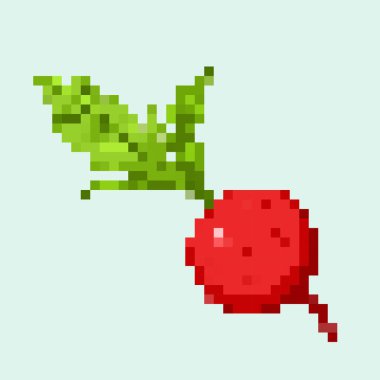 Kare yeşil arkaplanda 8 bit piksel kırmızı turp çizimi. Basit düz Raphanus sativus karikatür retro oyun sanatı çizimi.