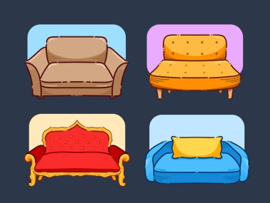 Kanepe koltukları vektör illüstrasyon koleksiyonu grubu yatay arkaplanda izole edildi. Basit düz çizgi film, rahat kanepe çizimi. Ev dekorasyonu nesneleri.