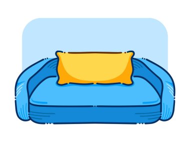 Yatay arkaplanda sarı yastık vektör çizimi olan mavi koltuklar. Pop sanatsal stil koltuklar. Basit düz çizgi film, rahat kanepe çizimi..