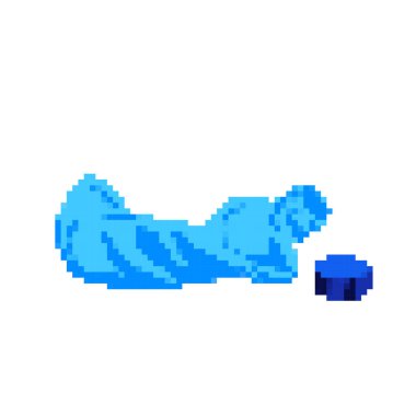 Kapağı açık buruşmuş plastik şişe. Çöp, çöp, çöp. Piksel bit retro oyun stili vektör illüstrasyon çizimi. Basit düz çizgi film çizimi.