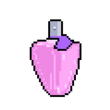 Pembe kadın parfüm şişesi. Piksel bit retro oyun stili vektör illüstrasyon çizimi. Kare beyaz arkaplanda izole edilmiş basit düz çizgi film çizimi.