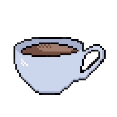 Kahve fincanı açık gri bardağın içinde içer. Piksel bit retro oyun stili vektör illüstrasyon çizimi. Basit düz çizgi film çizimi kare beyaz arkaplanda izole edildi. Kahve veya siyah çay..