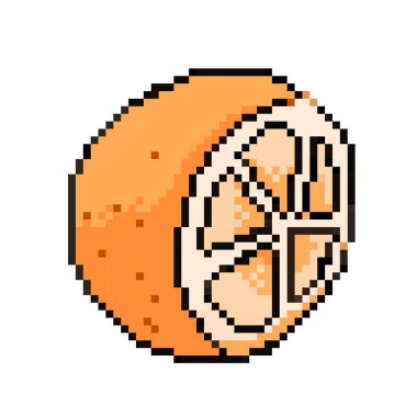 Dilimlenmiş portakallı narenciye. Sağlık için C vitamini kaynağı. Piksel bit retro oyun stili vektör illüstrasyon çizimi. Basit düz çizgi film çizimi kare beyaz arkaplan oranında izole edildi.