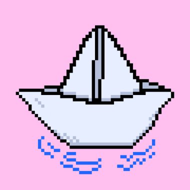 Yüzen su efektli kağıt tekne. Piksel bit retro oyun stili vektör illüstrasyon çizimi. Basit düz çizgi film çizimi pembe renkli kare oran arkaplanında izole edildi.