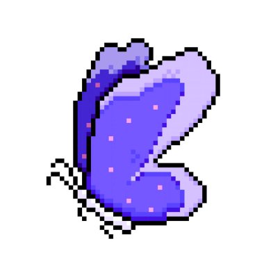 Mor kelebek. Piksel bit retro oyun stili vektör illüstrasyon çizimi. Kare beyaz arkaplanda izole edilmiş basit düz çizgi film biçiminde çizim.