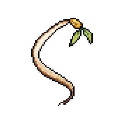 Yapraklı çiğ fasulye filizi. Piksel bit retro oyun stili vektör illüstrasyon çizimi. Beyaz kare arkaplanda izole edilmiş basit düz çizgi film biçiminde çizim.