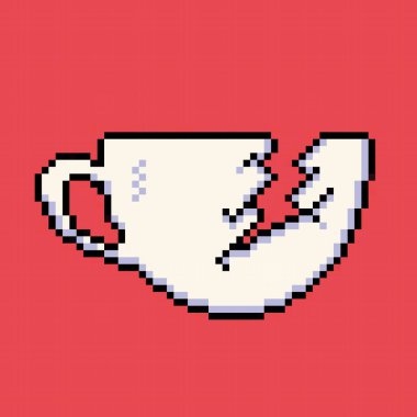 Kırık cam bardak etiketi. Konsepte dikkat et. Düzenlenebilir Piksel bit retro oyun biçiminde vektör çizimi. Basit düz çizgi film sanatı kare arkaplanda izole edildi.