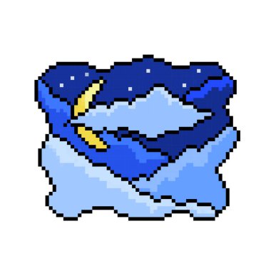 Aylı ve sıvı sınırlı soyut bulutlu gece gökyüzü. Pixel art retro vintage video oyunu bit vektör illüstrasyonu. Kare arkaplanda izole edilmiş basit düz çizgi film çizimi.