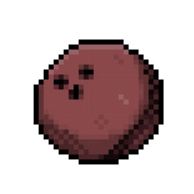 Taze hindistan cevizi meyvesi. Cocos nucifera. Kahverengi tenli yuvarlak meyve. Pixel art retro vintage video oyunu bit vektör illüstrasyonu. Kare arkaplanda izole edilmiş basit düz çizgi film çizimi.