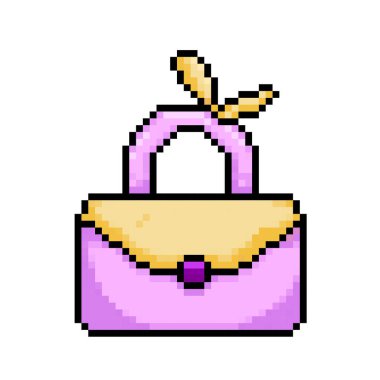 Dişi pembe ve sarı el çantası ve kurdele süslemesi. Pixel art retro vintage video oyunu bit vektör illüstrasyonu. Kare arkaplanda izole edilmiş basit düz çizgi film çizimi.