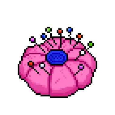 Düz raptiyeler için pembe ve mavi iğne yastığı. Pixel art retro vintage video oyunu bit vektör illüstrasyonu. Kare arkaplanda izole edilmiş basit düz çizgi film çizimi.