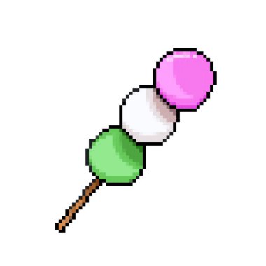 Dango rengarenk Japon pirinç unlu hamur tatlısı. Pixel art retro vintage video oyunu bit vektör illüstrasyonu. Basit düz çizim kare beyaz arkaplanda izole edildi.
