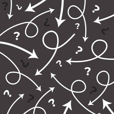 Grayscale colored random arrows and question marks vector illustration background isolated on square template. Thinking, confusion, and problem solving themed wallpaper poster backdrop prints. clipart