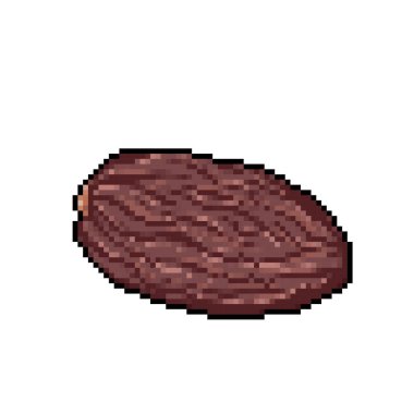 Tek randevu meyvesi ya da buah kurma. Oval silindirik kahverengi tatlı yiyecekler. Pixel art retro vintage video oyunu bit vektör illüstrasyonu. Basit düz çizim kare beyaz arkaplanda izole edildi.