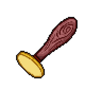 Tahta saplı altın pul aleti. Pixel art retro vintage video oyunu bit vektör illüstrasyonu. Basit düz çizim kare beyaz arkaplanda izole edildi.