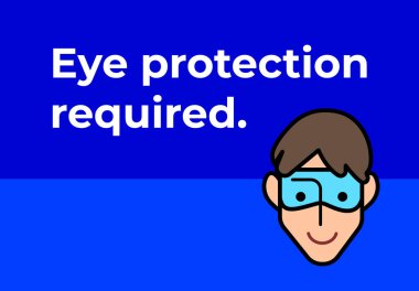 Göz gözlüğü koruması, yatay mavi arkaplanda izole edilmiş işaret yaşı poster tasarımı illüstrasyonu gerektirir. Basit düz güvenlik grafik tasarım poster çizimi.