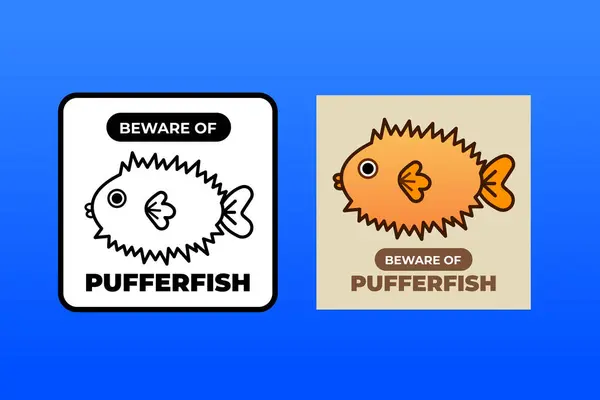 stock vector Beware of pufferfish poisonous fish sign age poster sticker vector illustration graphic design set group bundle. Simple flat cartoon aquatic sea animals drawing.