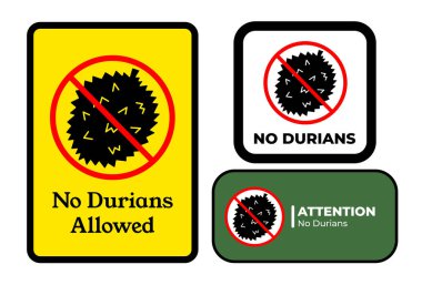No Durians sign age banner poster stickers illustration set collection bundle group. Simple flat signage drawing. clipart