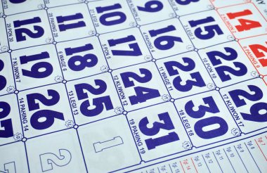 Klasik klasik vintage java Endonezya mavisi, kırmızı ve beyaz takvim takvimi aylık planlayıcı kağıt yatay oran arkaplanı izole.