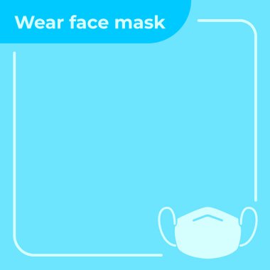 Mavi kare arkaplanda izole edilmiş metin için yüz maskesi, kare kare kare fotokopi, boş boş kâğıt baskısı tasarımı takın. Basit düz sağlık hizmeti temalı tasarım.